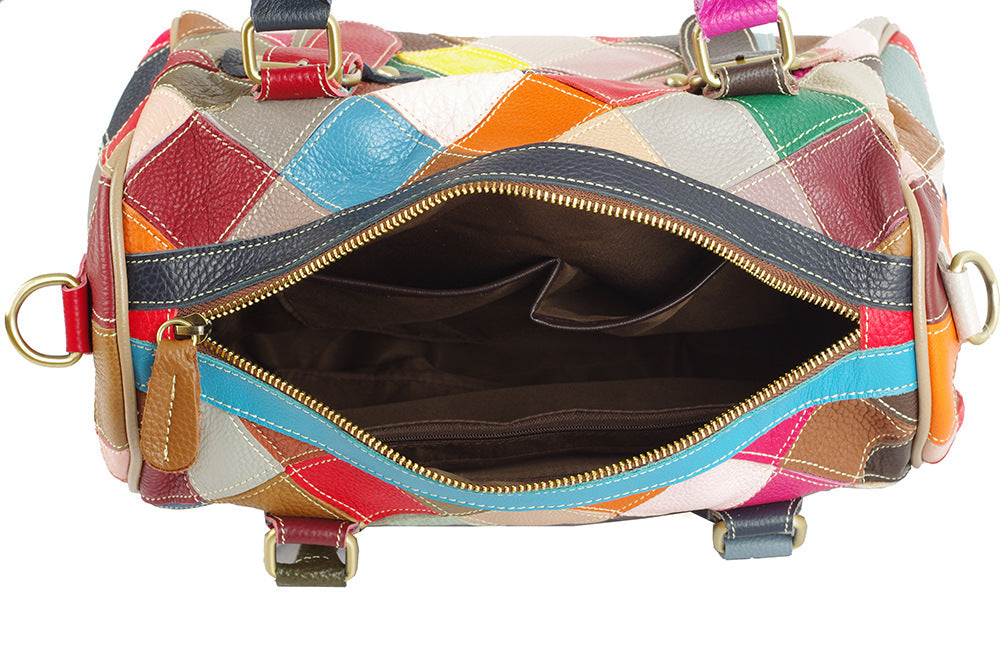 Genuine Leather Basket Bag Manufacturer Cross-Border Bag Women's Bag Contrasting Color Colorful Stitching Shoulder Crossbody Bag Handbag Women's Bag
