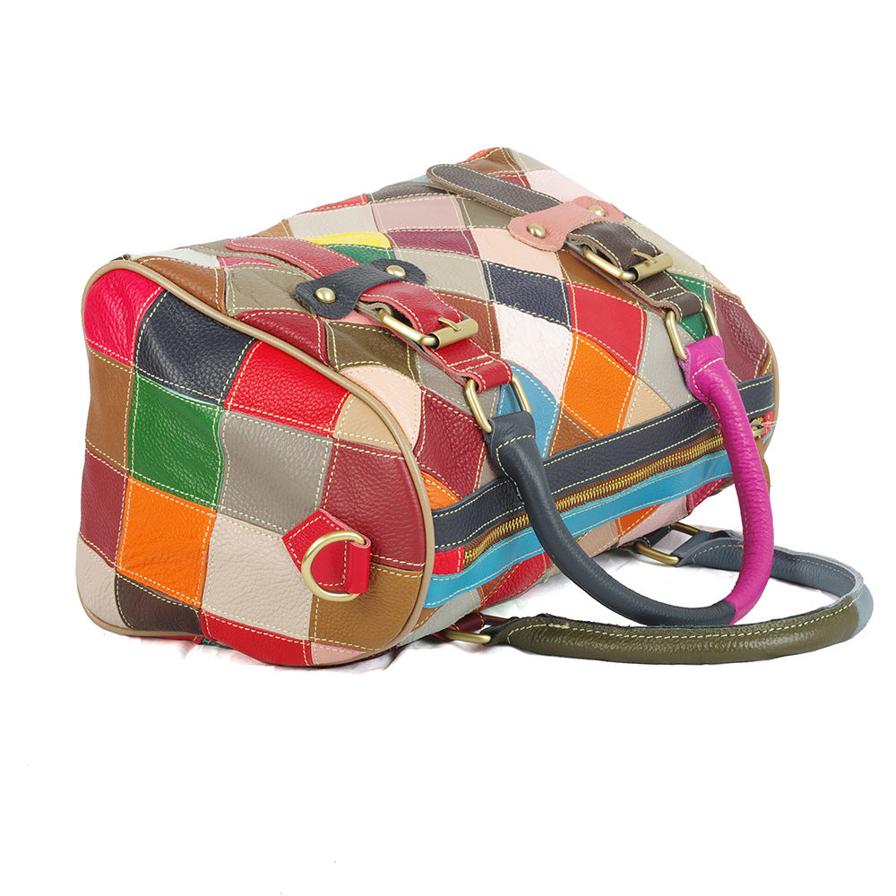 Genuine Leather Basket Bag Manufacturer Cross-Border Bag Women's Bag Contrasting Color Colorful Stitching Shoulder Crossbody Bag Handbag Women's Bag
