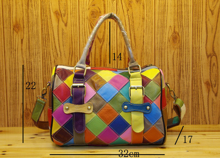 Genuine Leather Basket Bag Manufacturer Cross-Border Bag Women's Bag Contrasting Color Colorful Stitching Shoulder Crossbody Bag Handbag Women's Bag