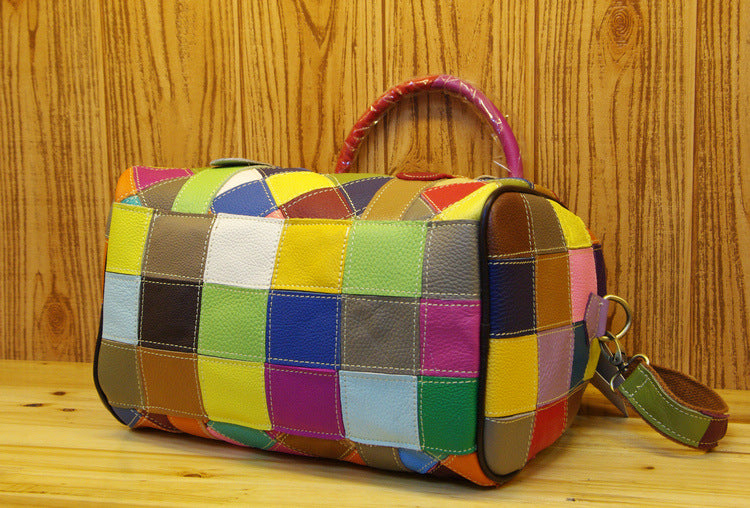 Genuine Leather Basket Bag Manufacturer Cross-Border Bag Women's Bag Contrasting Color Colorful Stitching Shoulder Crossbody Bag Handbag Women's Bag