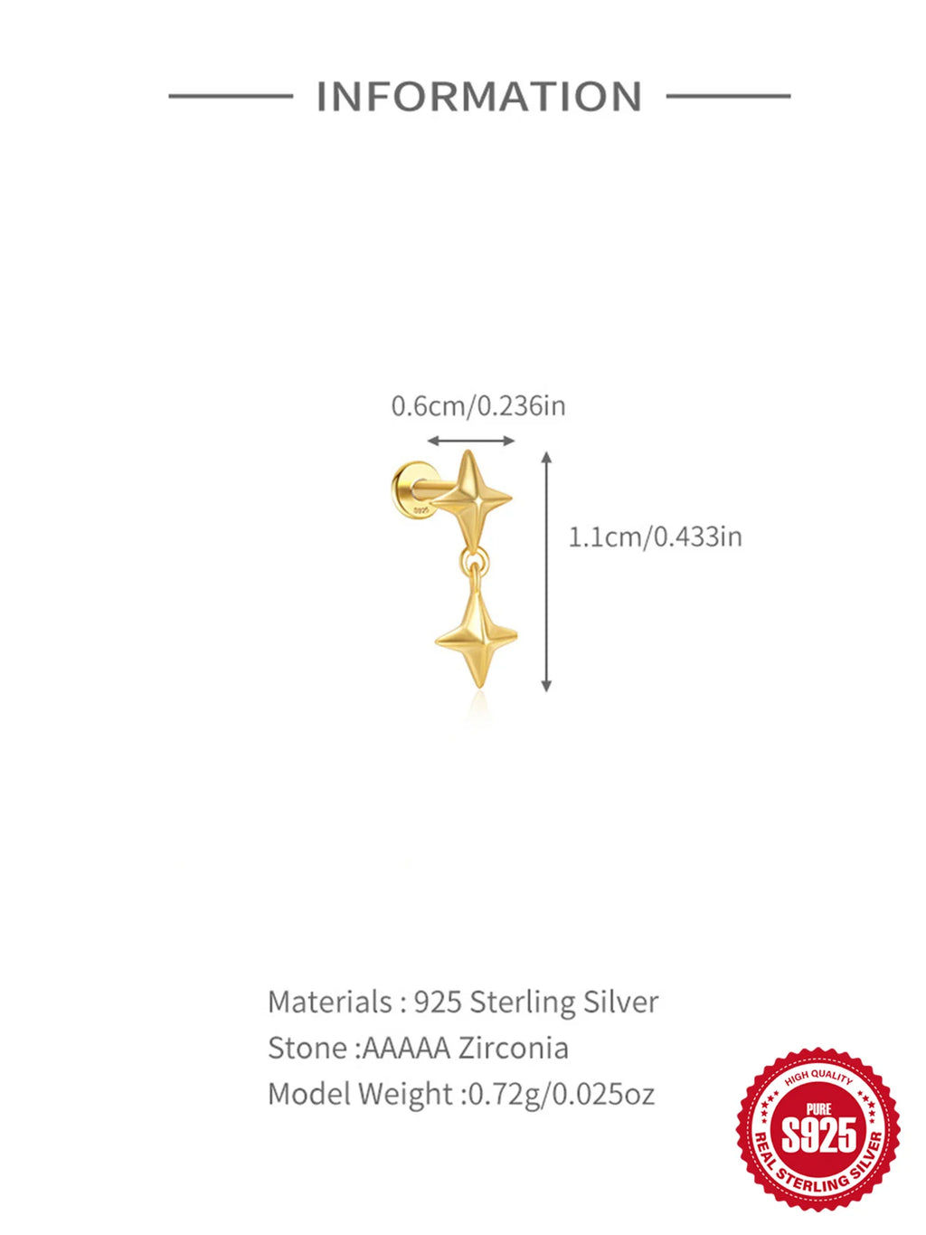 CANNER 1PC Four Pointed Star Moon Tassel Lotus Cartilage Spiral Puncture 925 Sterling Silver Stud Earring For Women Ins Earring
