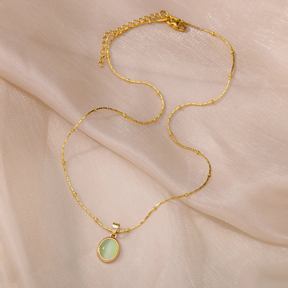 Fashion Stone Opal Oval Necklace For Women Stainless Steel Gold Color Oval Stone Pendant Necklace Wedding Aesthetic Jewelry Gift