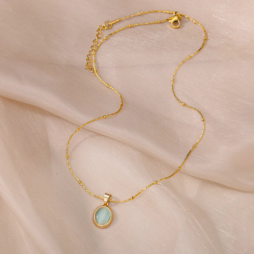 Fashion Stone Opal Oval Necklace For Women Stainless Steel Gold Color Oval Stone Pendant Necklace Wedding Aesthetic Jewelry Gift