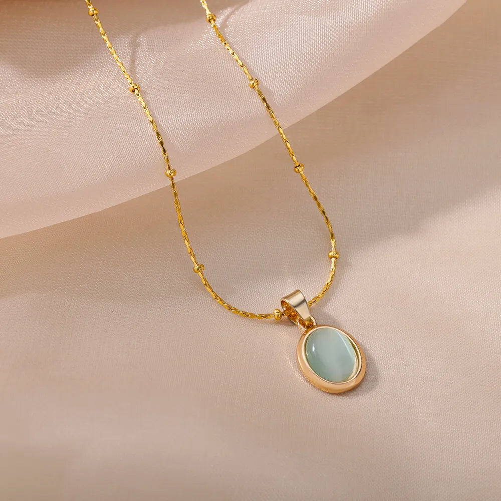 Fashion Stone Opal Oval Necklace For Women Stainless Steel Gold Color Oval Stone Pendant Necklace Wedding Aesthetic Jewelry Gift