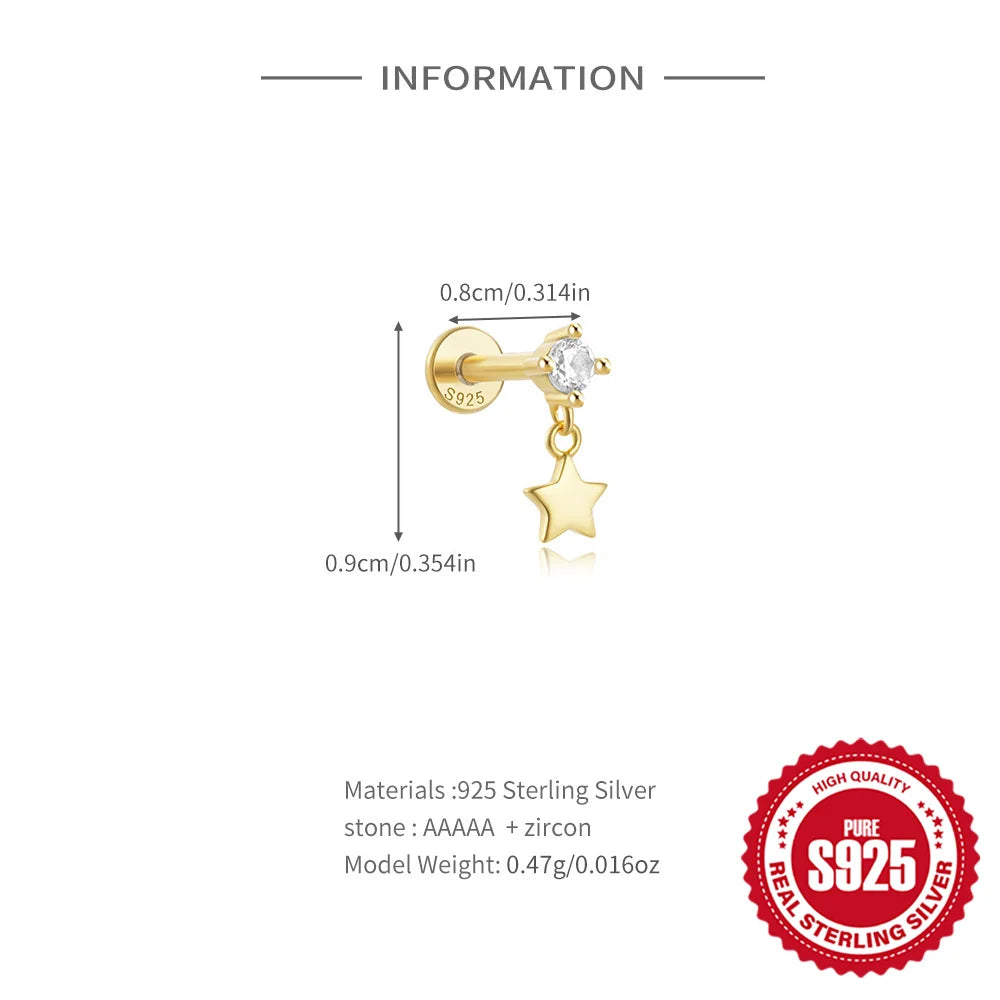 CANNER 1PC Four Pointed Star Moon Tassel Lotus Cartilage Spiral Puncture 925 Sterling Silver Stud Earring For Women Ins Earring
