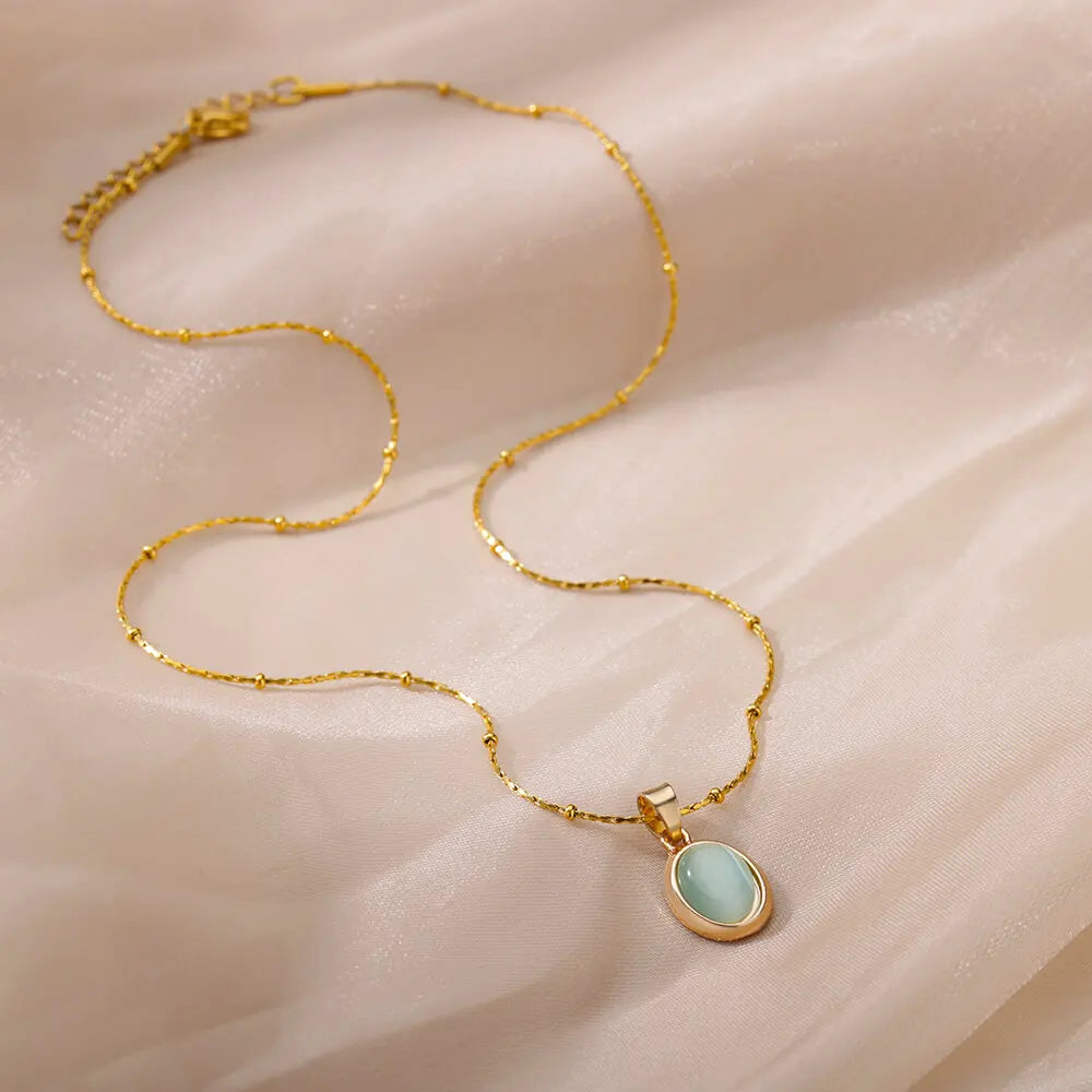 Fashion Stone Opal Oval Necklace For Women Stainless Steel Gold Color Oval Stone Pendant Necklace Wedding Aesthetic Jewelry Gift