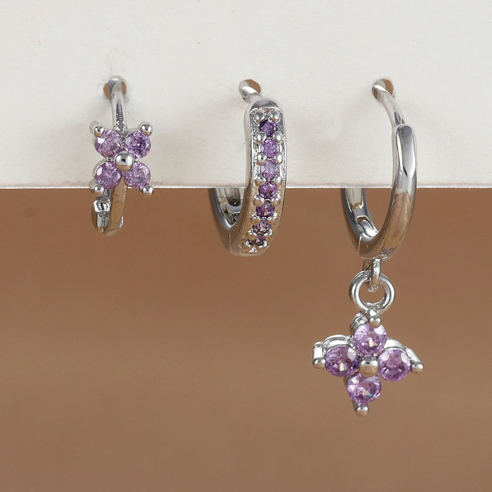 3PCS Trendy Stainless Steel Flower Drop Earring Set For Women Crystal Zirconia Dangle Earring Hypoallerg Piercing Jewelry aretes