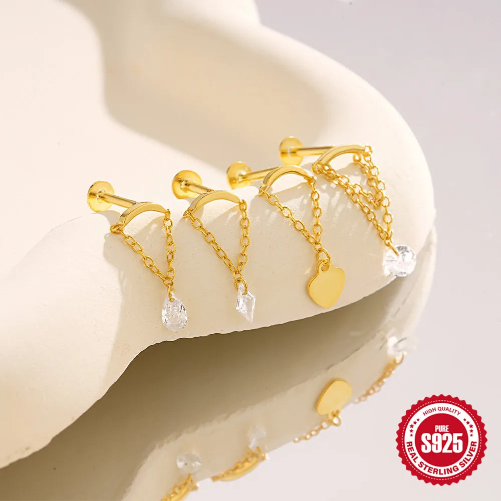 CANNER 1PC Four Pointed Star Moon Tassel Lotus Cartilage Spiral Puncture 925 Sterling Silver Stud Earring For Women Ins Earring