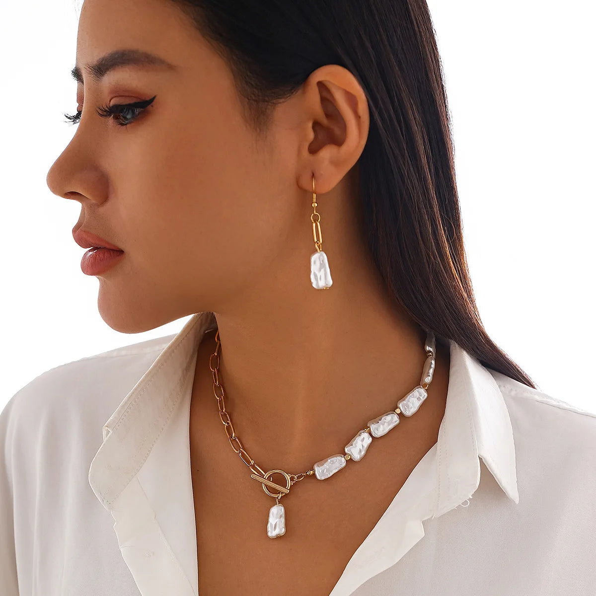 Boho Square Pearl Pendant Necklace Earrings Bracelet Set 20205 Women's Simple Gold Cross Chain Fashion Jewelry for Girls