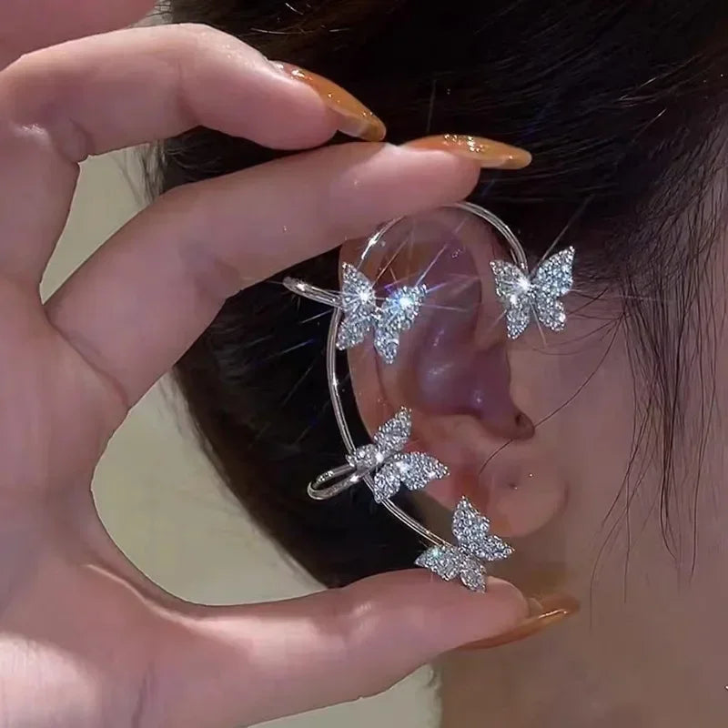 Silver Plated Metal Leaf Butterfly Clip Earrings for Women Ear Clips Without Piercing Sparkling Zircon Ear Cuff Fashion Jewelry