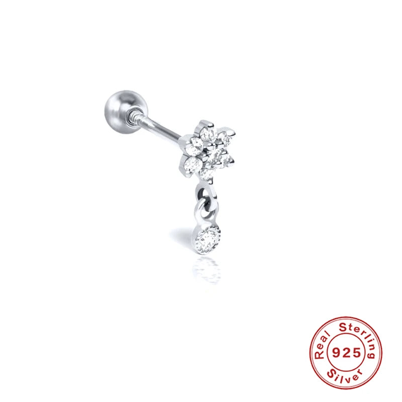 CANNER 1PC Four Pointed Star Moon Tassel Lotus Cartilage Spiral Puncture 925 Sterling Silver Stud Earring For Women Ins Earring
