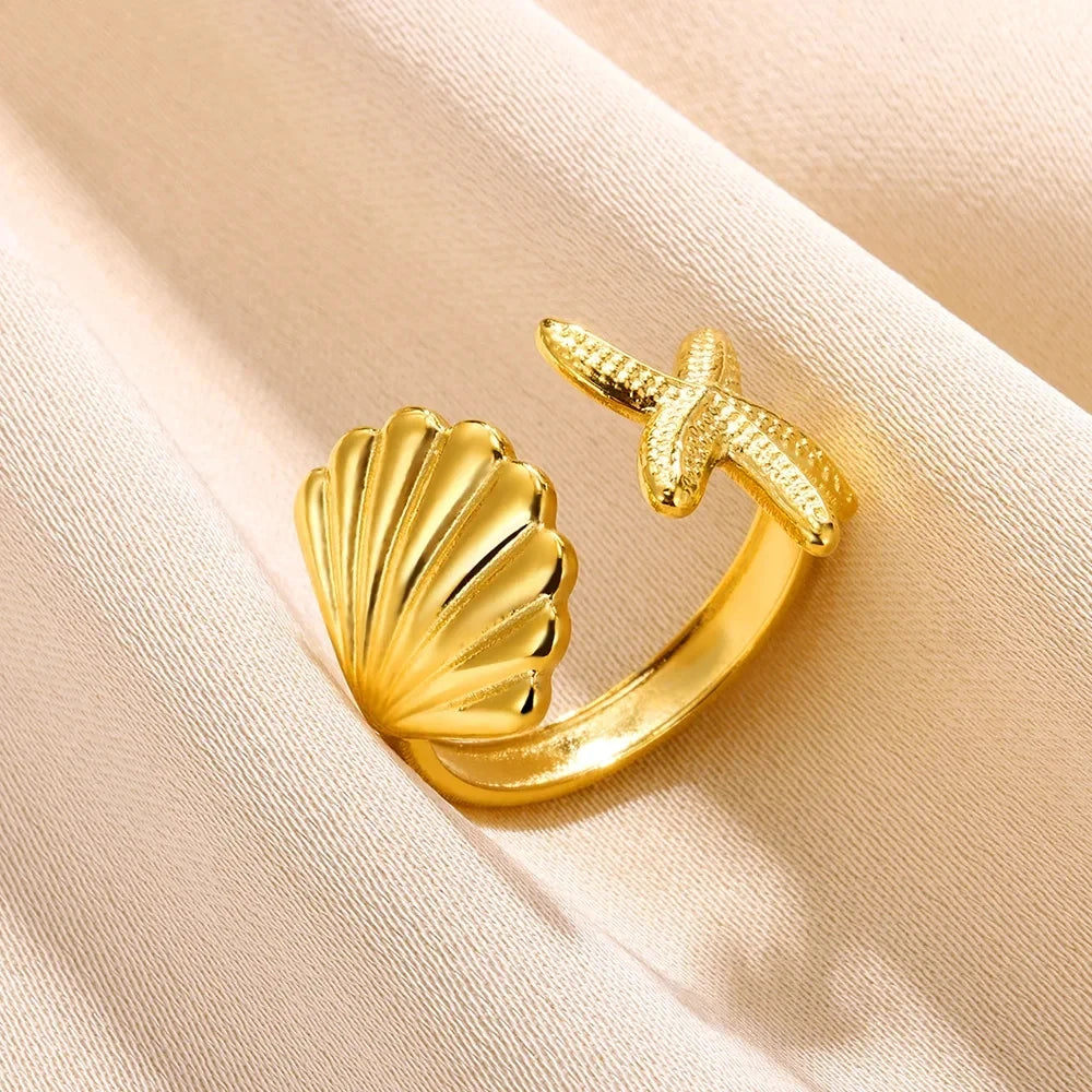 316L Stainless Steel Shell Rings for Women Adjustable Gold Color Little Star Open Rings Female Jewelry Weddings Gifts New Trendy