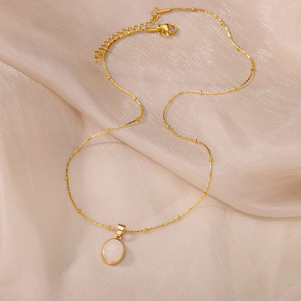 Fashion Stone Opal Oval Necklace For Women Stainless Steel Gold Color Oval Stone Pendant Necklace Wedding Aesthetic Jewelry Gift