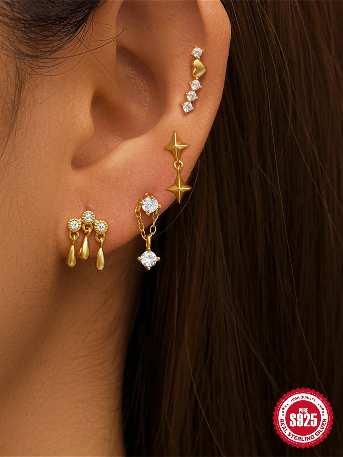 CANNER 1PC Four Pointed Star Moon Tassel Lotus Cartilage Spiral Puncture 925 Sterling Silver Stud Earring For Women Ins Earring