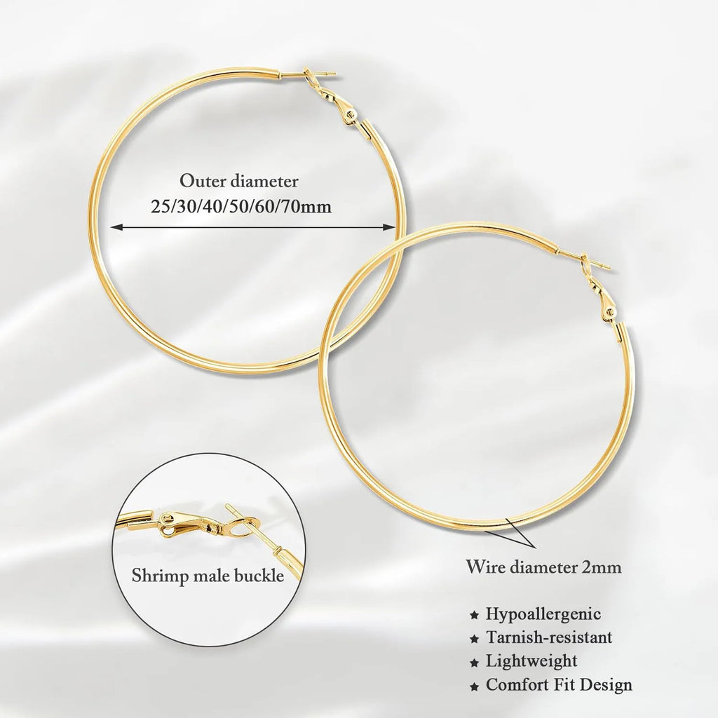 Stainless Steel Big Circle Hoop Earrings for Women,Gold Plated Hypoallergenic Non Tarnish  25mm-70mm Loop Jewelry