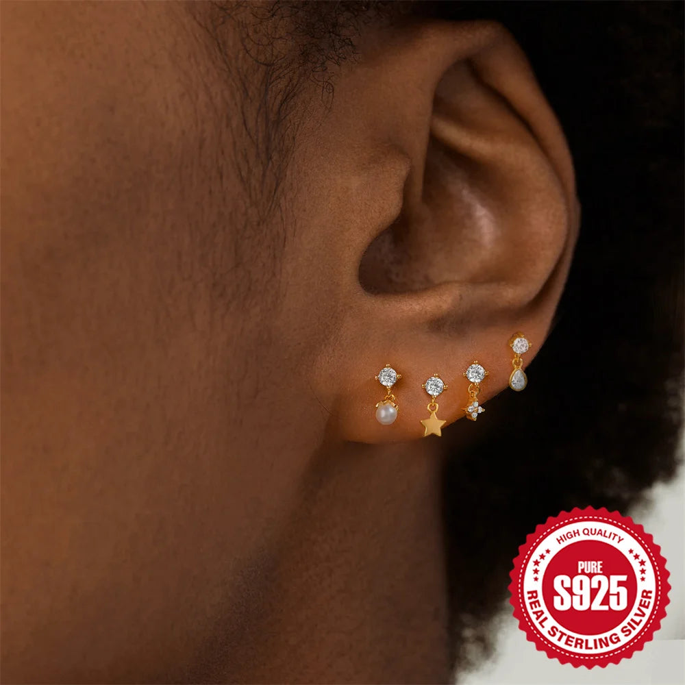 CANNER 1PC Four Pointed Star Moon Tassel Lotus Cartilage Spiral Puncture 925 Sterling Silver Stud Earring For Women Ins Earring