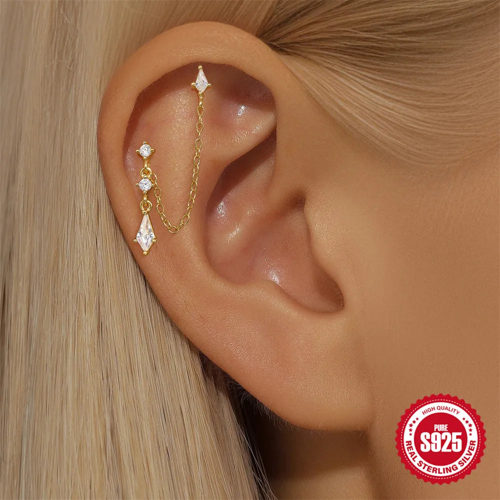 CANNER 1PC Four Pointed Star Moon Tassel Lotus Cartilage Spiral Puncture 925 Sterling Silver Stud Earring For Women Ins Earring