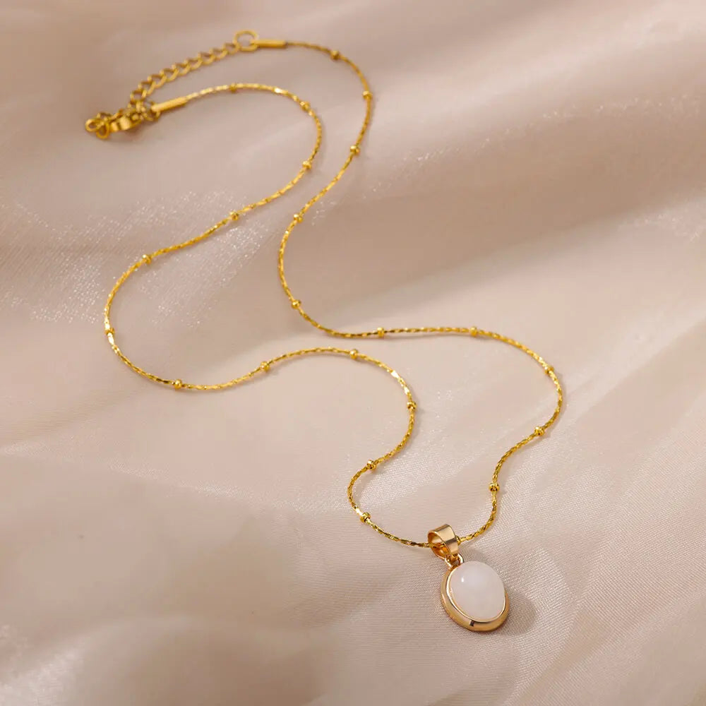 Fashion Stone Opal Oval Necklace For Women Stainless Steel Gold Color Oval Stone Pendant Necklace Wedding Aesthetic Jewelry Gift