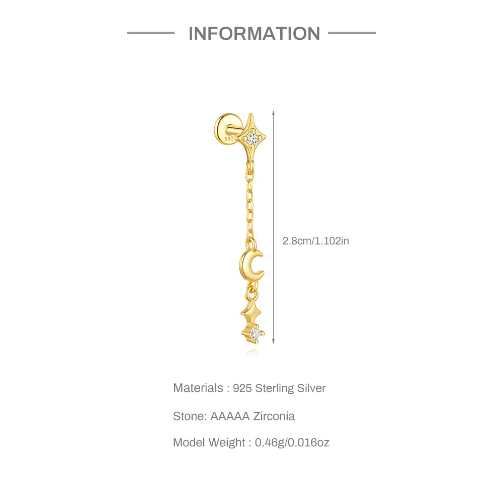 CANNER 1PC Four Pointed Star Moon Tassel Lotus Cartilage Spiral Puncture 925 Sterling Silver Stud Earring For Women Ins Earring