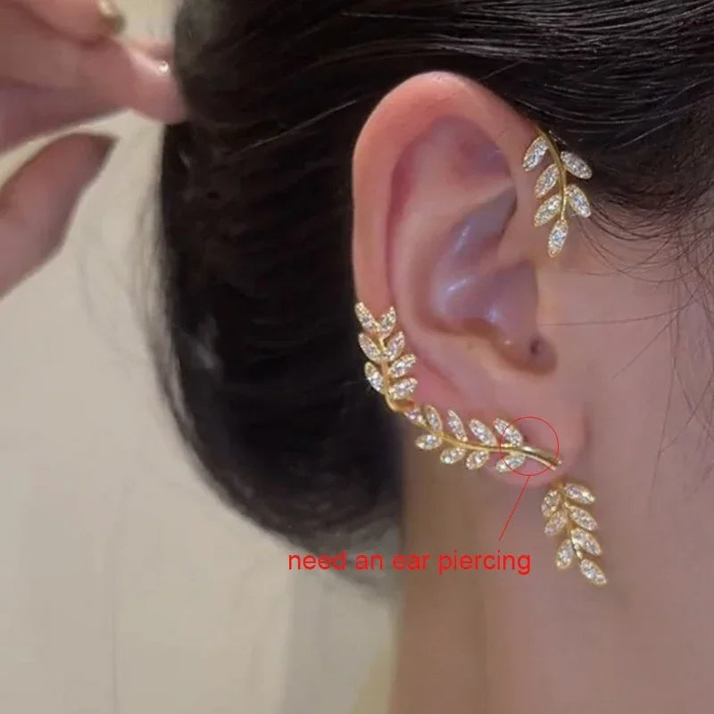 Silver Plated Metal Leaf Butterfly Clip Earrings for Women Ear Clips Without Piercing Sparkling Zircon Ear Cuff Fashion Jewelry