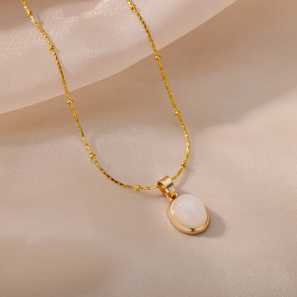Fashion Stone Opal Oval Necklace For Women Stainless Steel Gold Color Oval Stone Pendant Necklace Wedding Aesthetic Jewelry Gift